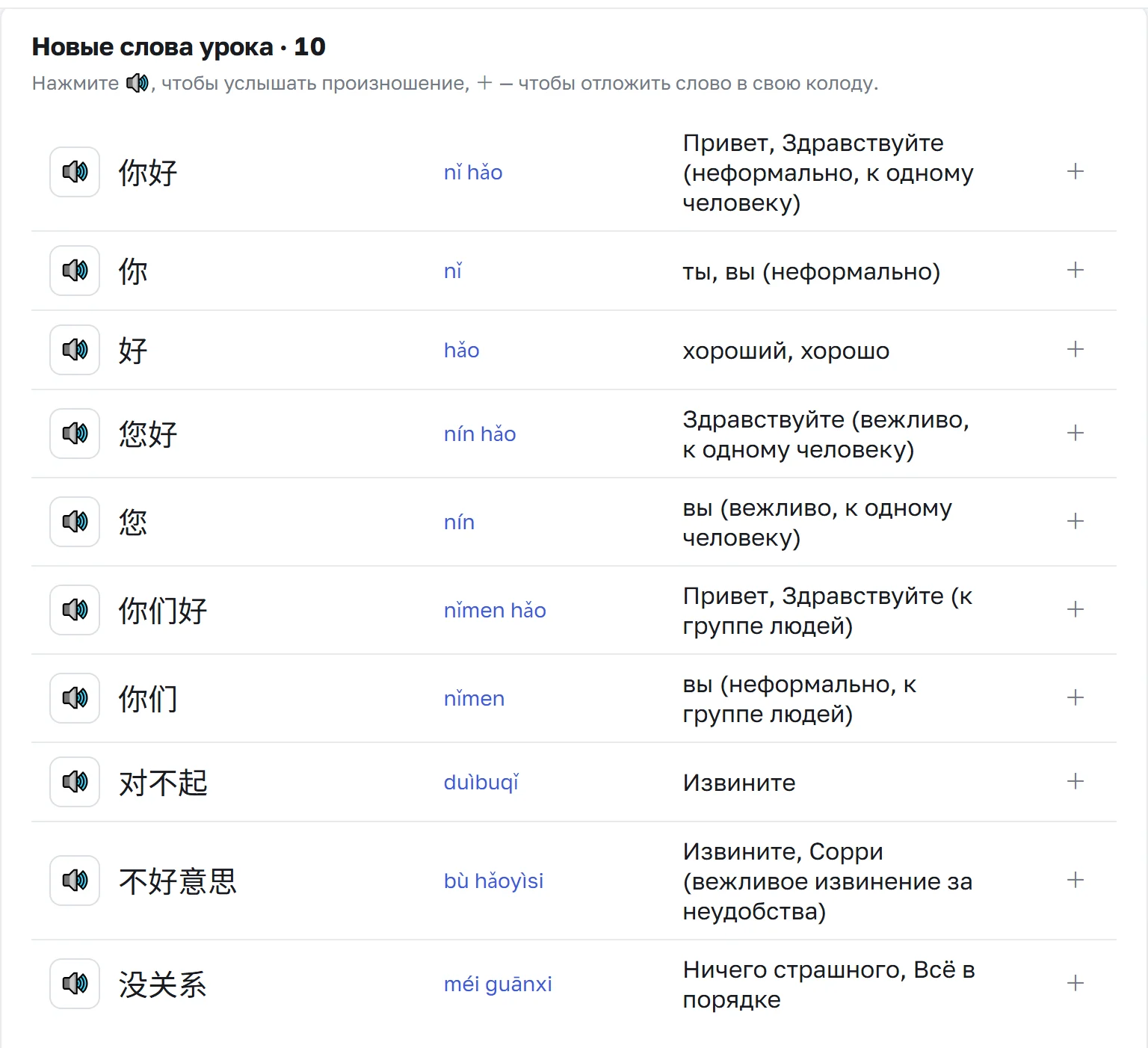 Список новых слов урока в кабинете: иероглиф, чтение пиньинем, перевод и кнопка озвучки